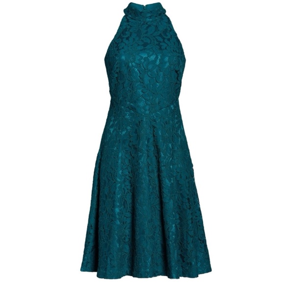 ELIZA J Floral Lace Fit-n-Flare Mock Neck Sleeveless Dress, Teal, Size 6 - Picture 5 of 8
